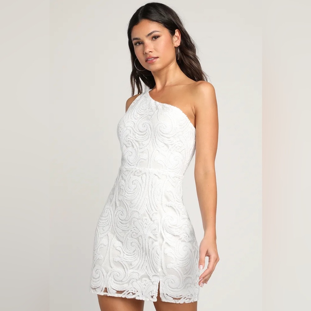 NWT- Lulus Madina White Sequin One-Shoulder Bodycon Mini Dress